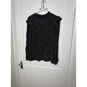 Loft Black White Polka Dot Smocked Ruffle Girly Relaxed Blouse Top Women's XL